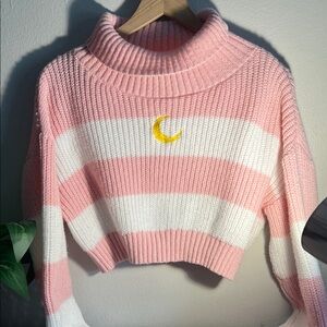 ROMWE Pink & White Striped Cropped Turtleneck Sweater with Yellow Crescent
